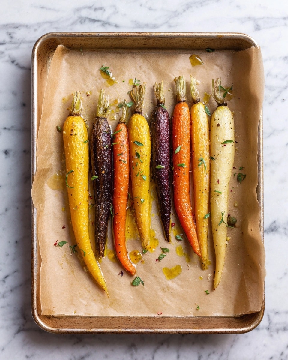 A metal baking tray lined with light brown parchment paper holds eight whole roasted carrots arranged horizontally in a single row. The carrots are in varied colors: two yellow, two dark purple, three orange, and one pale white, each with a slightly wrinkled, roasted skin texture and a few small sprigs of herbs and tiny oil droplets scattered on and around them. The tray is placed on a white marbled surface. photo taken with an iphone --ar 4:5 --v 7