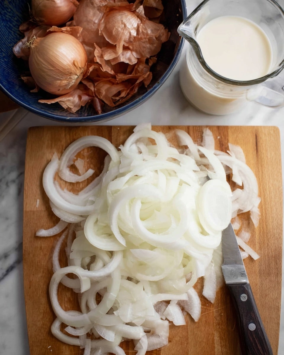 The image shows a wooden cutting board on a white marbled surface, filled with thinly sliced white onions arranged loosely in layers. Behind the board to the left, there is a dark blue glass bowl filled with brown onion skins. To the right, there is a clear measuring cup filled with milk, placed on the white marbled surface. A small silver knife with a black handle rests on the cutting board near the sliced onions. Photo taken with an iphone --ar 4:5 --v 7