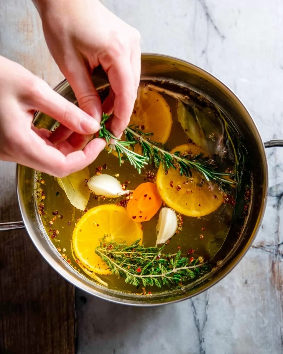 A close-up view of a stainless steel pot filled with a clear golden broth. Inside the broth, there are several slices of orange carrot, whole garlic cloves, fresh green rosemary sprigs, and small red flakes that look like spices. Two woman's hands are gently holding and adding a small green herb sprig into the pot. The pot is placed on a white marbled surface. The light reflects softly on the broth and the metal pot, giving a fresh and clean look. Photo taken with an iphone --ar 4:5 --v 7