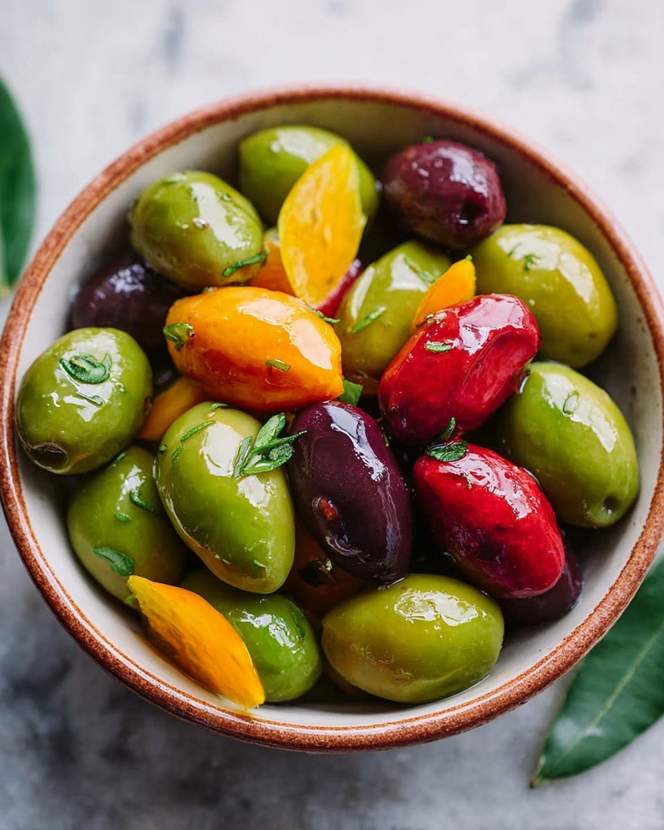 A round white bowl filled with a mix of green and dark purple olives and a few bright red stuffed olives, all shiny and wet, resting on a white marbled surface. The olives are mixed with small green herb sprigs and scattered thin yellow and orange citrus peels. A few light green bay leaves are placed on the side, and the bowl has a glossy finish. The overall look is colorful and fresh with natural lighting highlighting the smooth textures. Photo taken with an iphone --ar 4:5 --v 7