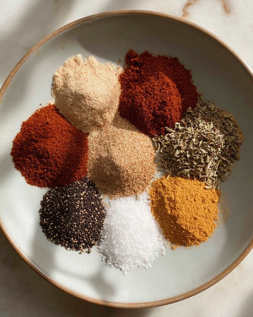 A round white plate with eight small piles of ground spices neatly arranged in a circle. Starting from the top and moving clockwise: a dark reddish-brown powder, a light beige powder, a slightly darker reddish-orange powder, a mix of dried green and brown herbs, a dark brown powder, a pile of black pepper, a mustard yellow powder, and a white granulated pile in the center. The plate is on a white marbled texture with soft natural light casting gentle shadows. photo taken with an iphone --ar 4:5 --v 7