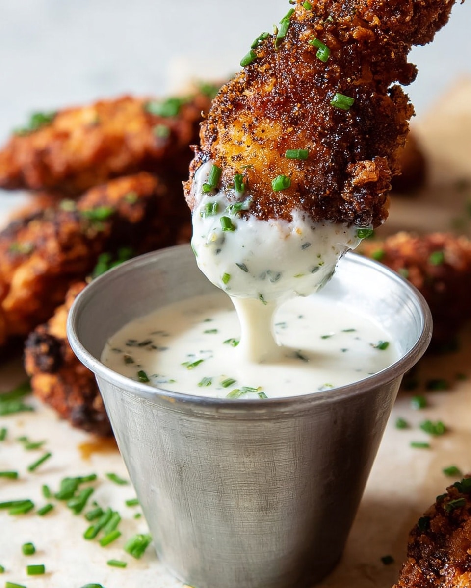 A crispy, dark brown piece of seasoned fried chicken is being dipped into a small metal cup filled with thick white ranch sauce with specks of herbs. The top part of the chicken is dry and textured with visible spices, while the bottom is coated in creamy sauce flowing down slightly. Around the cup, scattered green chopped chives add a fresh touch. In the background, more pieces of dark golden fried chicken rest on a light surface with some green chives sprinkled nearby, all against a soft white marbled texture surface. Photo taken with an iphone --ar 4:5 --v 7
