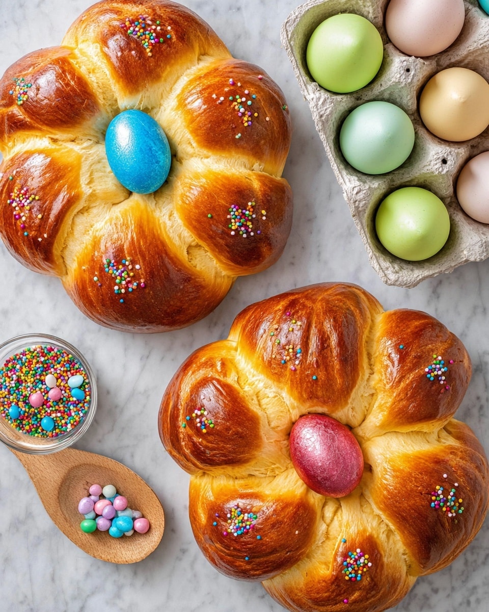 Two round braided breads are shown on a white marbled surface. Each bread has six distinct, golden brown segments shaped like petals, with a shiny, smooth texture. The center of each bread holds a single brightly colored egg; one is blue and the other is a metallic pink-red color. Both breads are sprinkled with small round multicolored candy beads scattered evenly over the top. To the right, a carton holds several shiny pastel eggs in green, pink, and cream colors. To the left, there is a small bowl and a wooden spoon filled with similar multicolored candy beads. Photo taken with an iphone --ar 4:5 --v 7