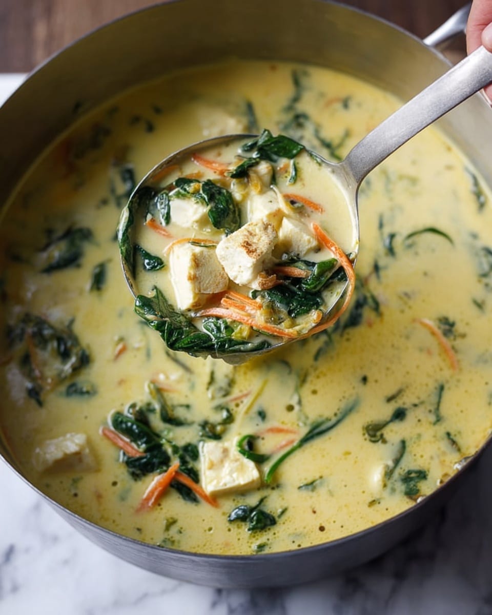 A close-up view of a creamy soup inside a silver pot, filled with spinach leaves and small pieces of light yellow tofu or cheese, mixed with thin orange carrot strips, all floating in a pale yellow broth. A metal ladle is lifting some of the soup, showing the thick texture and layers of spinach, cubed tofu or cheese, and carrot, with some small white pieces on top, held by a woman's hand. The setting includes a white marbled surface underneath the pot. photo taken with an iphone --ar 4:5 --v 7