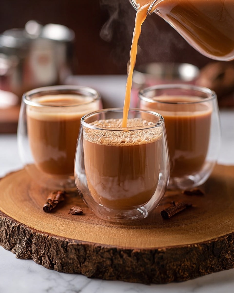 Three clear glass cups filled with light brown tea sit on a round wooden board with bark around the edge. The front cup is being filled with steaming tea, showing a smooth stream pouring into the cup and frothy bubbles forming on top. Behind it, two more filled cups display the same light brown color and a bit of foam near the top. The scene is warm and cozy with blurred kitchen items in the background, all on a white marbled surface. Photo taken with an iphone --ar 4:5 --v 7