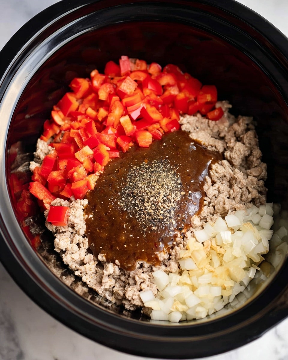 A dark round slow cooker bowl holds several layers of ingredients. At the base, there is a light beige ground meat layer spread all around. On top of the meat, there are small diced bright red bell peppers on the left, finely chopped white onions on the top right, and minced pale yellow ginger on the bottom right. In the center, a thick, dark brown sauce covers part of the meat. The sauce is topped with a small amount of coarse black pepper. The inside of the bowl is shiny black, and the whole scene is placed on a white marbled surface. Photo taken with an iphone --ar 4:5 --v 7