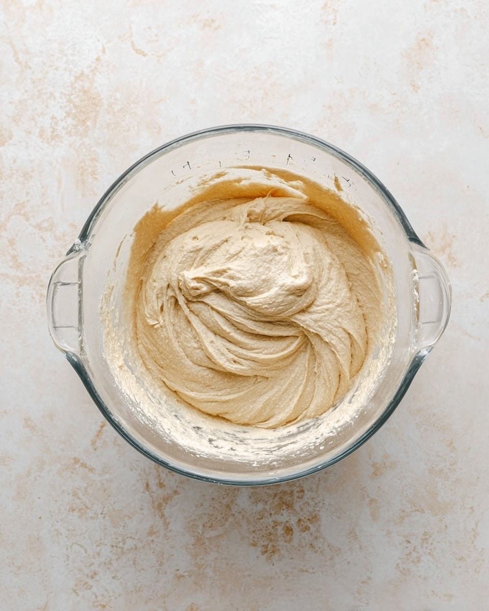 A glass mixing bowl sits on a white marbled surface, filled with a thick batter that has a light beige color and a smooth, slightly swirled texture. The batter covers the bottom part of the bowl evenly and has soft peaks and curves from stirring. The bowl's clear glass texture shows measurement marks on the side and two handles on opposite sides. Photo taken with an iphone --ar 4:5 --v 7