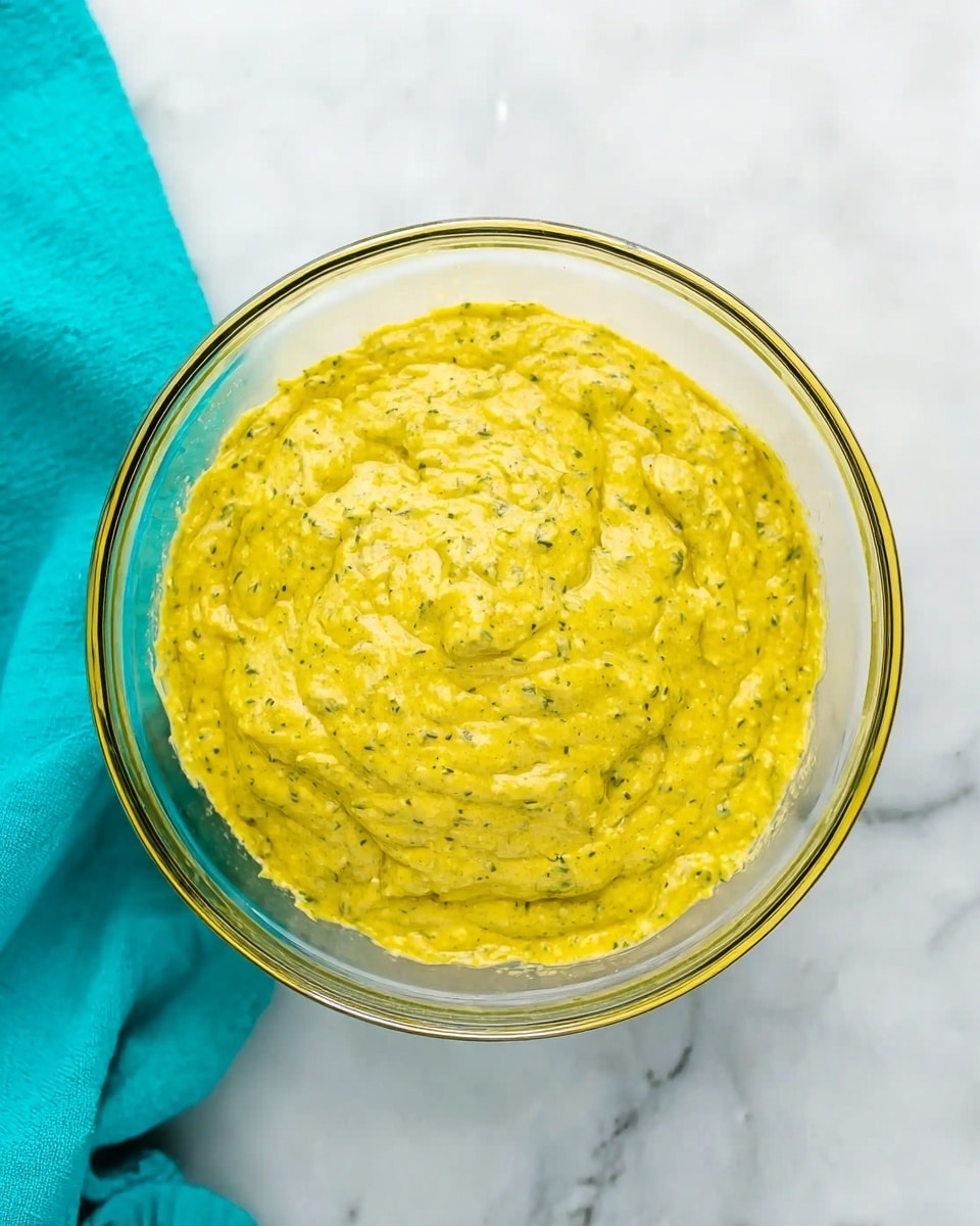 A clear glass bowl filled with a thick, yellow mixture that has specks of green herbs spread evenly throughout. The bowl sits on a white marbled surface with a bright turquoise cloth partly visible to the side. The texture of the mixture looks smooth but slightly rough because of the herbs, and it is gathered mostly in the center of the bowl. photo taken with an iphone --ar 4:5 --v 7