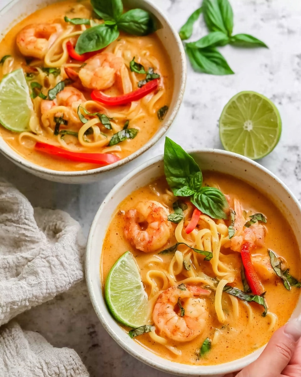 Two white bowls filled with a creamy orange soup, each containing several pink shrimp and pieces of light yellow noodle curls. Bright red bell pepper strips and fresh green basil leaves float on top, with lime wedges placed on the edge of each bowl. Small green herb bits are scattered throughout the soup, adding color contrast. The bowls sit on a white marbled surface with a soft cloth nearby, and a woman's hand is slightly visible holding one bowl. Photo taken with an iphone --ar 4:5 --v 7