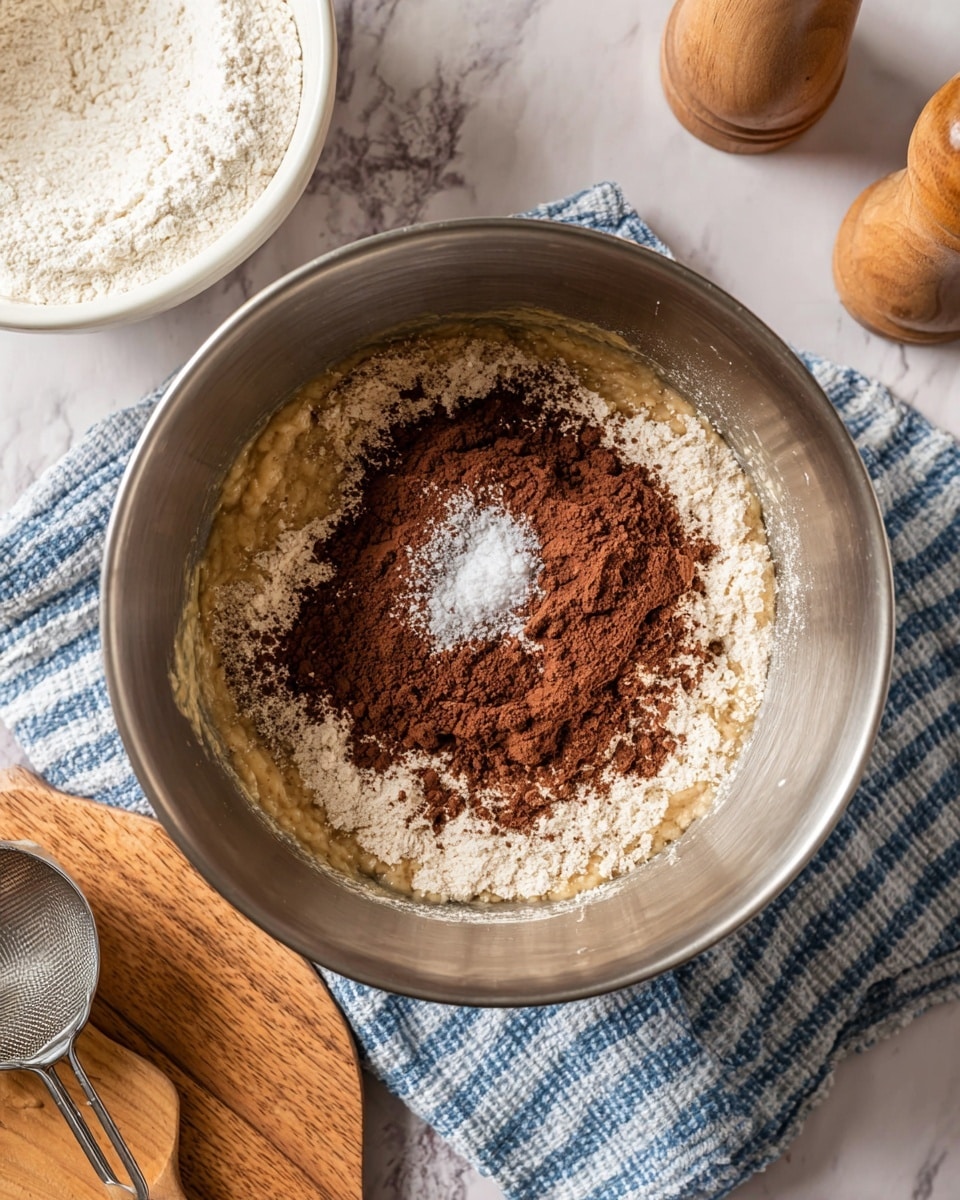 A large silver mixing bowl sits on a white marbled surface with a blue and white checkered cloth underneath. Inside the bowl, there is a base layer of wet, light brown batter, topped with a thick layer of light tan flour. On top of the flour, there is a heap of dark brown cocoa powder with a small pile of white salt or baking powder in the center. Nearby, there is a smaller white bowl filled with flour and a metal scoop, and a wooden salt shaker and light wooden spoon rest to the side. photo taken with an iphone --ar 4:5 --v 7