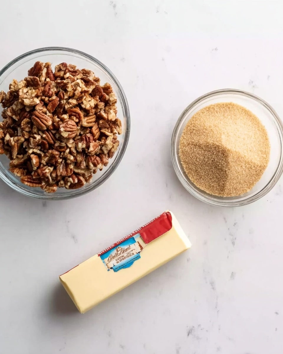 The image shows three items on a white marbled surface. On the left, there is a clear glass bowl full of chopped pecans, showing a rich brown color with a crunchy texture. In the middle, there is a stick of butter in its wrapper, light yellow in color, placed horizontally. On the right, there is another clear glass bowl containing light brown sugar, which appears soft and fine in texture. The different items are spaced evenly, and the overall look is clean and simple. photo taken with an iphone --ar 4:5 --v 7