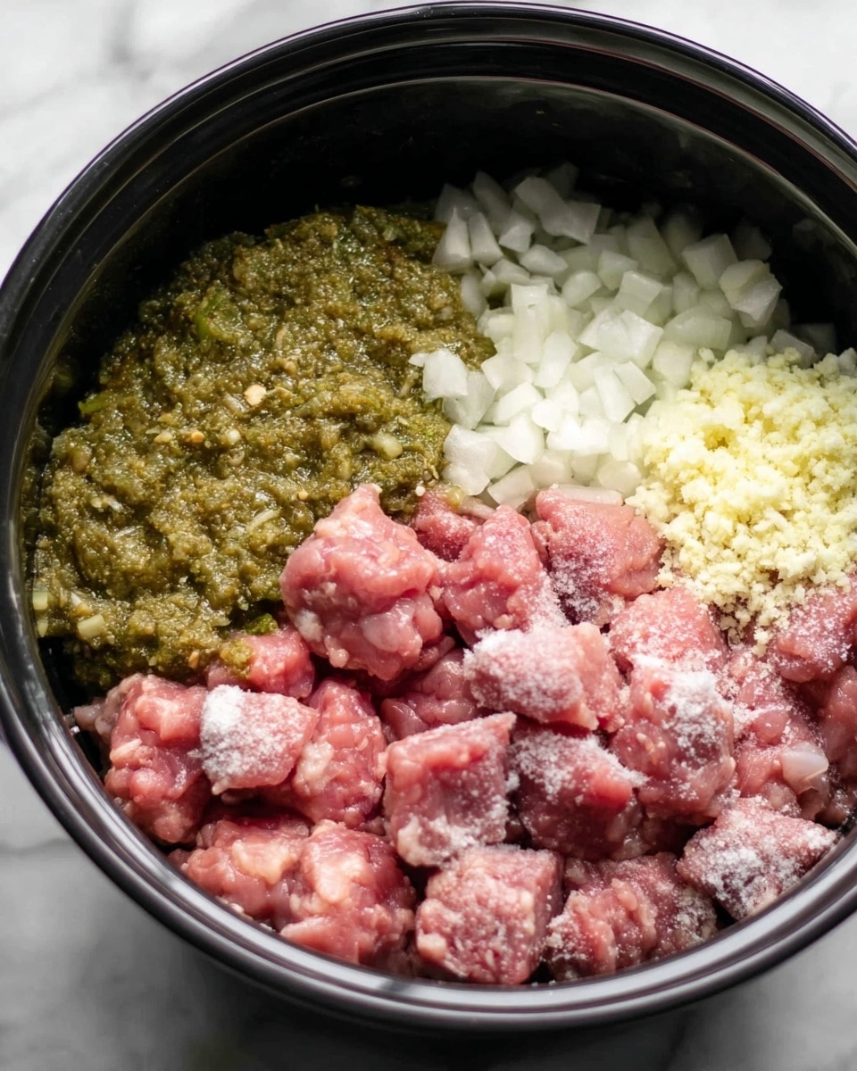 Inside a black pot, there are four layers of ingredients distinctly placed. One layer has chunky raw pink meat pieces with a light frost on them on the bottom right side. Above that, there is a coarse green paste with small bits and seeds on the top left side. To the top middle, there are small pieces of chopped white onion, and next to it on the right side, there is a small pile of finely minced pale yellow garlic. The pot's shiny black edge frames the contents and the pot is placed on a white marbled surface. photo taken with an iphone --ar 4:5 --v 7