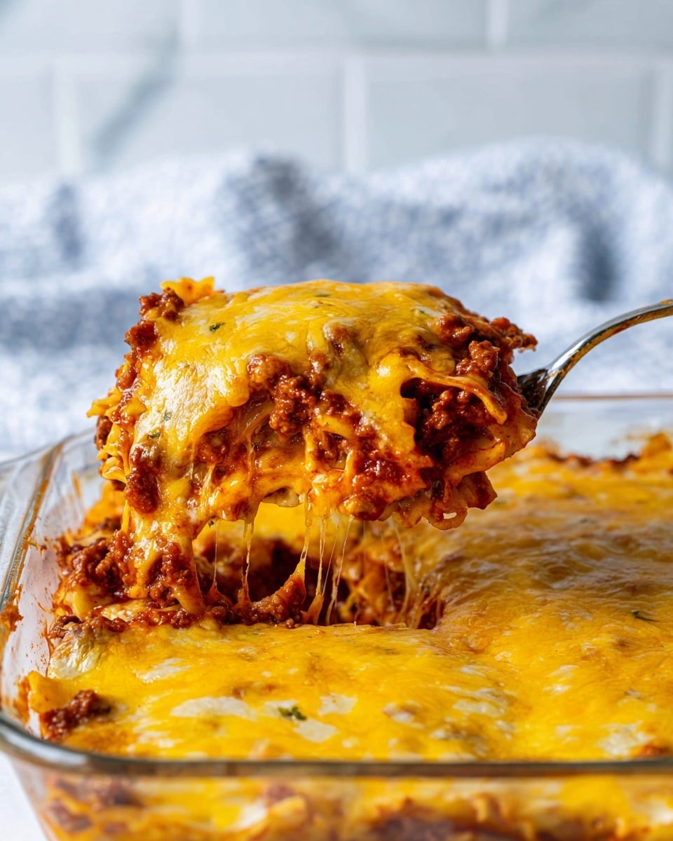 A close-up of a white glass baking dish filled with a layered casserole. The bottom layer consists of pasta pieces, which are topped by a thick layer of cooked ground meat mixed in a rich red sauce. The top layer is a thick, melted, bright orange-yellow cheese that covers the meat completely, stretching as a spoon lifts a portion from the dish. The background shows a soft blue and white cloth on a white marbled texture surface with white tiles blurred behind. Photo taken with an iphone --ar 4:5 --v 7