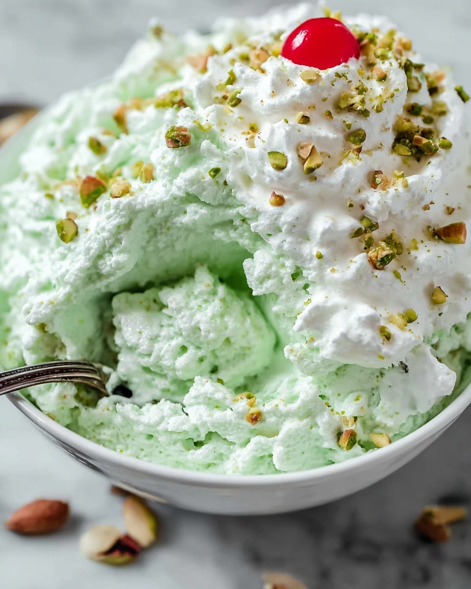 This image shows a close-up of a bowl filled with a light green, fluffy, creamy dessert that has a soft and airy texture with small white pieces mixed in. On the top right side, there is a thick layer of smooth, white whipped cream garnished with small crushed green nuts and a single red cherry. The bowl is white and sits on a white marbled surface. There is a silver spoon scooping some of the green dessert, and some crushed nuts are scattered around the edges of the bowl. Photo taken with an iphone --ar 4:5 --v 7