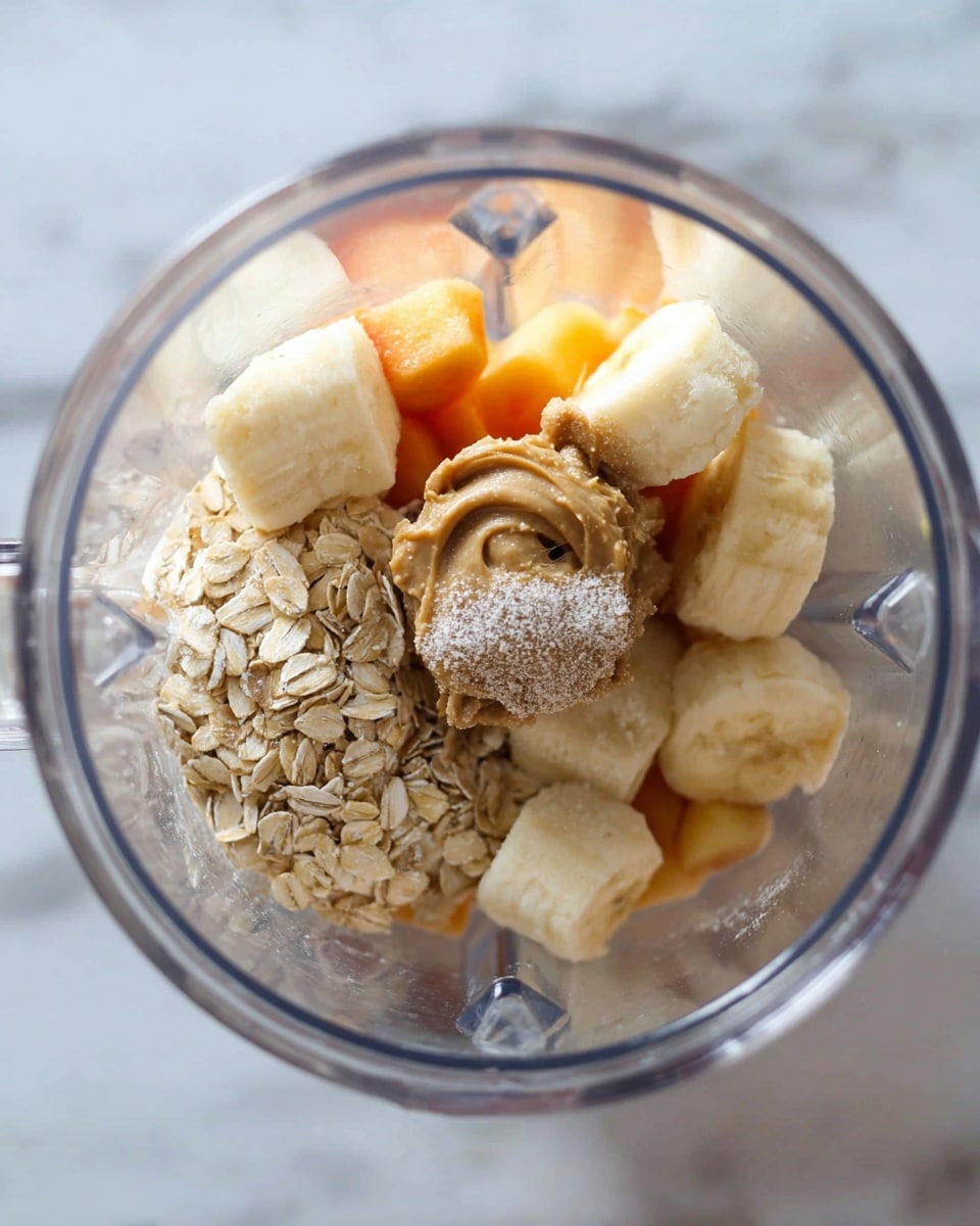 Inside a blender viewed from above, there are several layers of ingredients stacked. At the bottom, there are light beige rolled oats with a rough texture. On top of the oats, there are frozen chunks of orange peach pieces with a frosty look. Alongside the peach, there are frozen banana pieces that are pale yellow and slightly frosted. Resting on the banana chunks is a swirl of creamy brown nut butter with a smooth texture. The blender container is clear and shiny, sitting on a white marbled surface. photo taken with an iphone --ar 4:5 --v 7