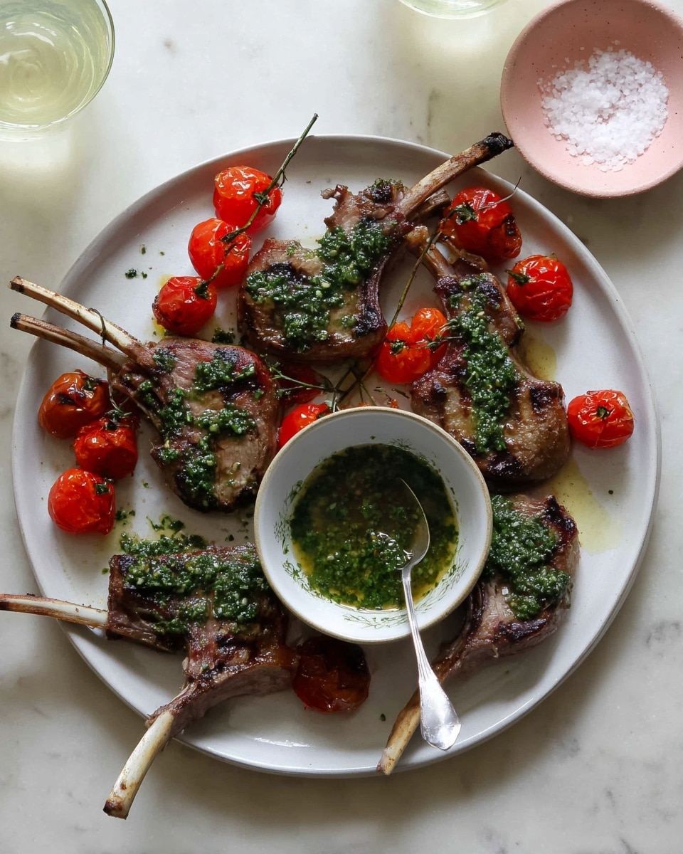 A white round plate is filled with five grilled lamb chops, each topped with a green herb sauce, their bone handles pointing outward. Bright roasted cherry tomatoes on and off the vine fill the spaces between the chops, adding red pops of color. A small white bowl in the center holds more green herb sauce with a silver spoon inside. The plate rests on a white marbled surface, with a small pink bowl of coarse salt above it and two glasses with light-colored drinks nearby. Photo taken with an iphone --ar 4:5 --v 7