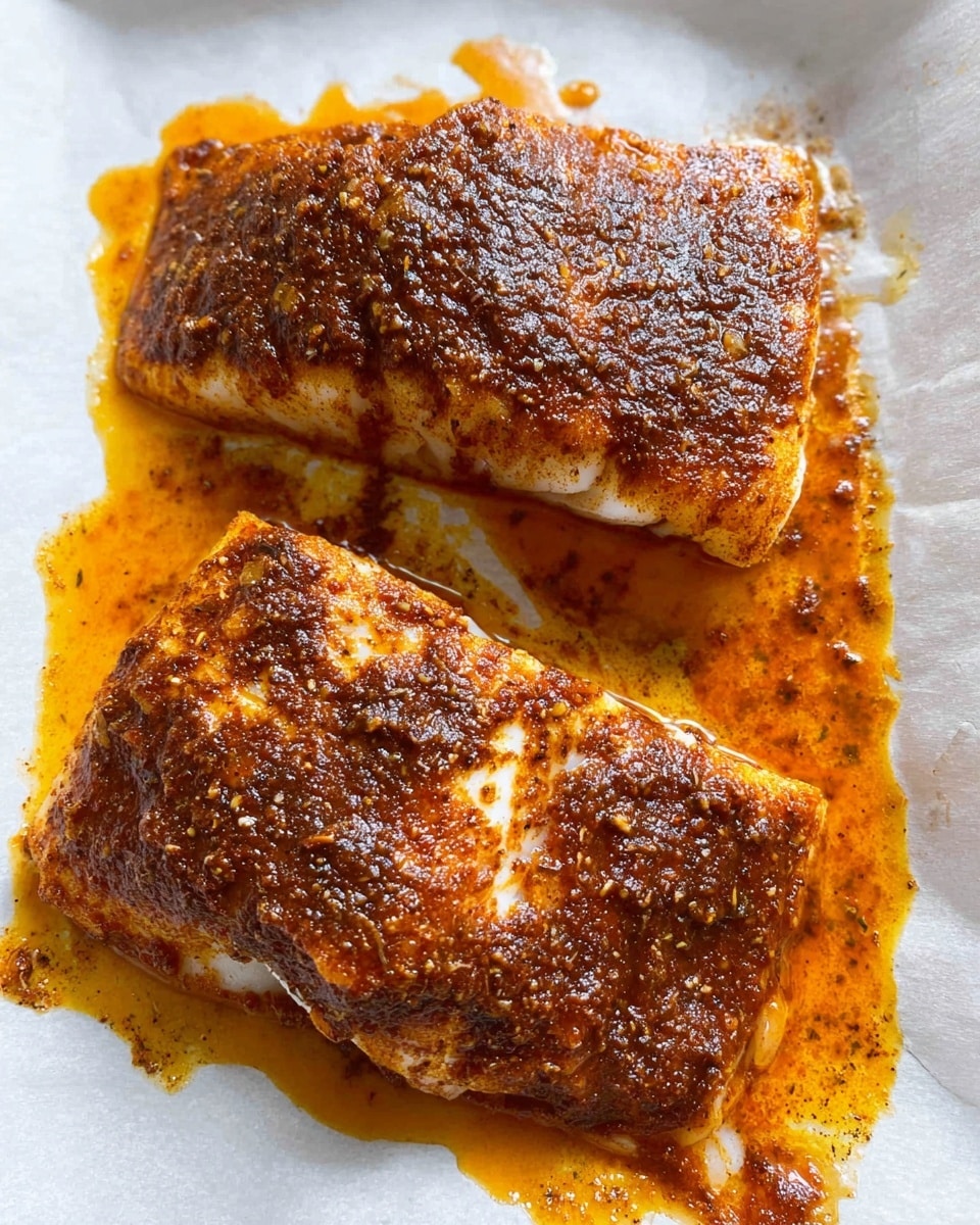 The image shows two pieces of white fish fillets lying next to each other on a white marbled surface, both covered in a thick, dark brown spice coating with a rough, slightly oily texture. The fillets have a light golden-brown color where the spices are thinner, and an orange oily sauce is pooled around and slightly underneath them, creating glossy streaks on the surface. The edges of the fish are slightly jagged, and the overall look is juicy and flavorful, with a rustic, home-cooked style. photo taken with an iphone --ar 4:5 --v 7