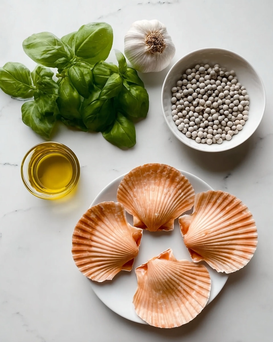 The image shows a white plate with four empty scallop shells, which are light orange with natural ridges and textures, placed in the lower left part of the frame. Above the plate is a white bowl full of small white peppercorns, round and evenly packed. To the right of the bowl, there is a bunch of fresh green basil leaves with a glossy and smooth texture. Below the basil is a whole garlic bulb with a creamy outer skin and some cloves visible at the top. In the lower left corner, near the plate, is a small glass container with golden yellow olive oil inside. All items are arranged on a white marbled surface. photo taken with an iphone --ar 4:5 --v 7