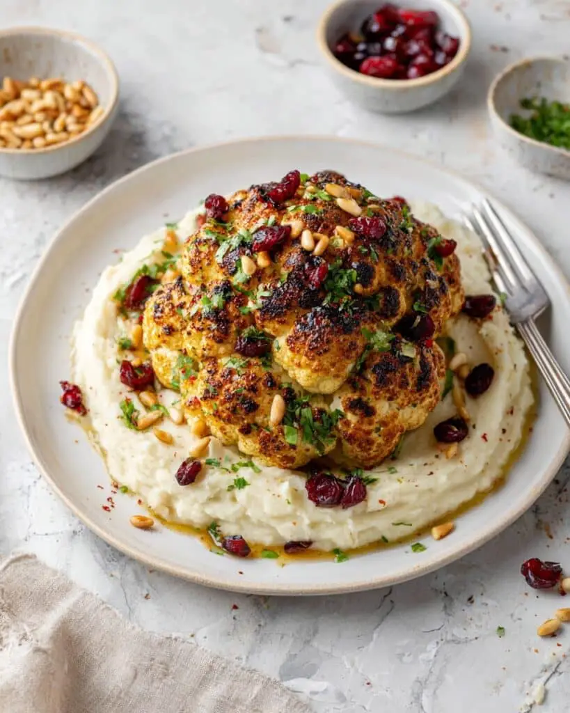 Whole Roasted Cauliflower with Rustic Herb Sauce and Mashed Potatoes Recipe