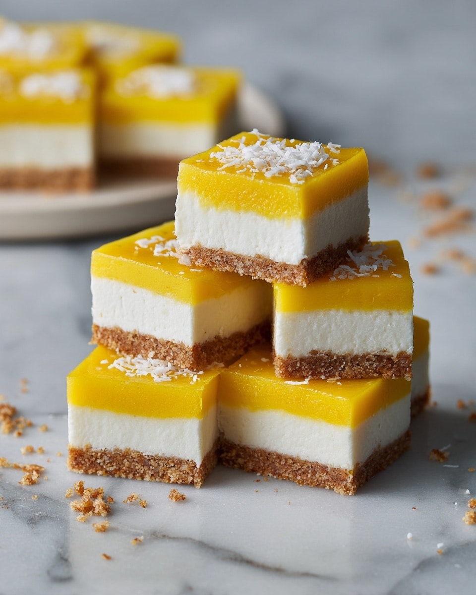 The image shows a stack of square dessert bars arranged on a white marbled surface. Each bar has three layers: a crumbly brown base at the bottom, a thick white middle layer that looks smooth and creamy, and a bright yellow top layer with a glossy finish. Some of the bars have a small sprinkle of white shredded coconut on one corner of the yellow layer. In the background, there is a white plate holding a single piece of the same dessert, slightly out of focus. Crumbs are scattered around the bars, adding a casual feel to the scene. Photo taken with an iphone --ar 4:5 --v 7