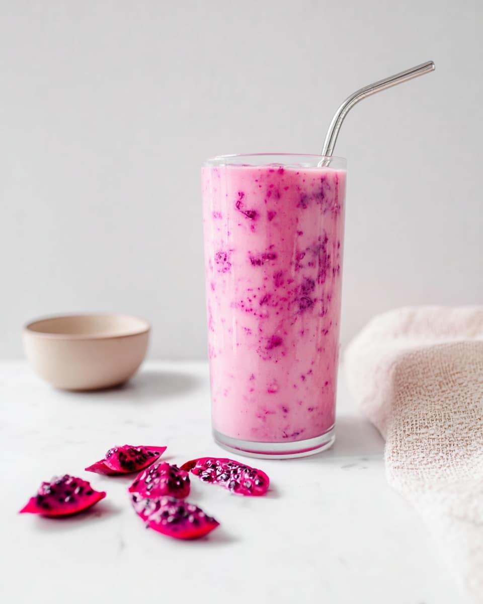 A clear glass filled with a pink creamy drink that has ice cubes floating on top and pieces of bright magenta dragon fruit with black seeds scattered throughout the drink and on the surface. A shiny metal straw is placed on one side inside the glass. The drink sits on a white marbled surface with blurred magenta fruit pieces around it. photo taken with an iphone --ar 4:5 --v 7