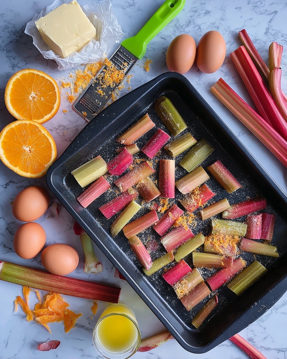 A black baking tray filled with neatly arranged short pieces of rhubarb, showing a mix of pink and green colors with a slightly matte texture, sprinkled lightly with sugar and small bits of bright orange zest scattered on top; around the tray, a halved bright orange, a pile of grated orange zest with a green citrus peeler resting on a grater, a block of butter wrapped in paper, two eggs, a small glass cup containing a yellow liquid, and a few long rhubarb stalks on the side, all placed on a white marbled surface photo taken with an iphone --ar 4:5 --v 7