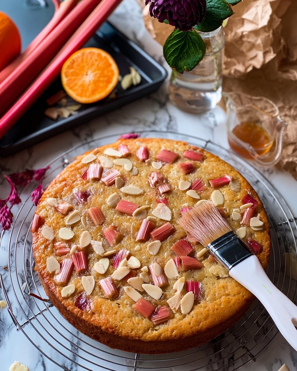 The image shows a round, single-layer cake with a light golden brown color on a wire rack. The top of the cake is dotted with small chunks of pinkish rhubarb and sprinkled with thin white almond slices scattered evenly. A brush with a white handle and dark pink bristles is gently touching the cake, suggesting it is being glazed or brushed with syrup. The background is a white marbled texture with some kitchen items visible—two rhubarb stalks, a quarter slice of orange, a crumpled brown paper, a glass cup holding a dark purple flower with green leaves, and the corner of a baking tray with some sticky leftover glaze. photo taken with an iphone --ar 4:5 --v 7