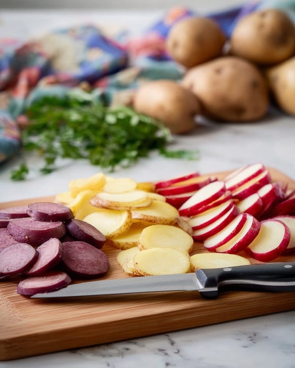 The image shows a wooden cutting board on a white marbled surface with three groups of sliced potatoes arranged in neat piles. On the left, there are small purple potato slices with a smooth texture and thin skin. In the middle, there are round, light yellow potato slices stacked together, showing their soft and slightly translucent inside. On the right, slices of red potatoes with white inside are arranged in a fanned-out pile, the red skin providing a bright contrast. A shiny knife with a black handle lies flat in front of the potatoes on the cutting board. In the background, some green herbs and whole potatoes are softly blurred along with a colorful cloth. Photo taken with an iphone --ar 4:5 --v 7
