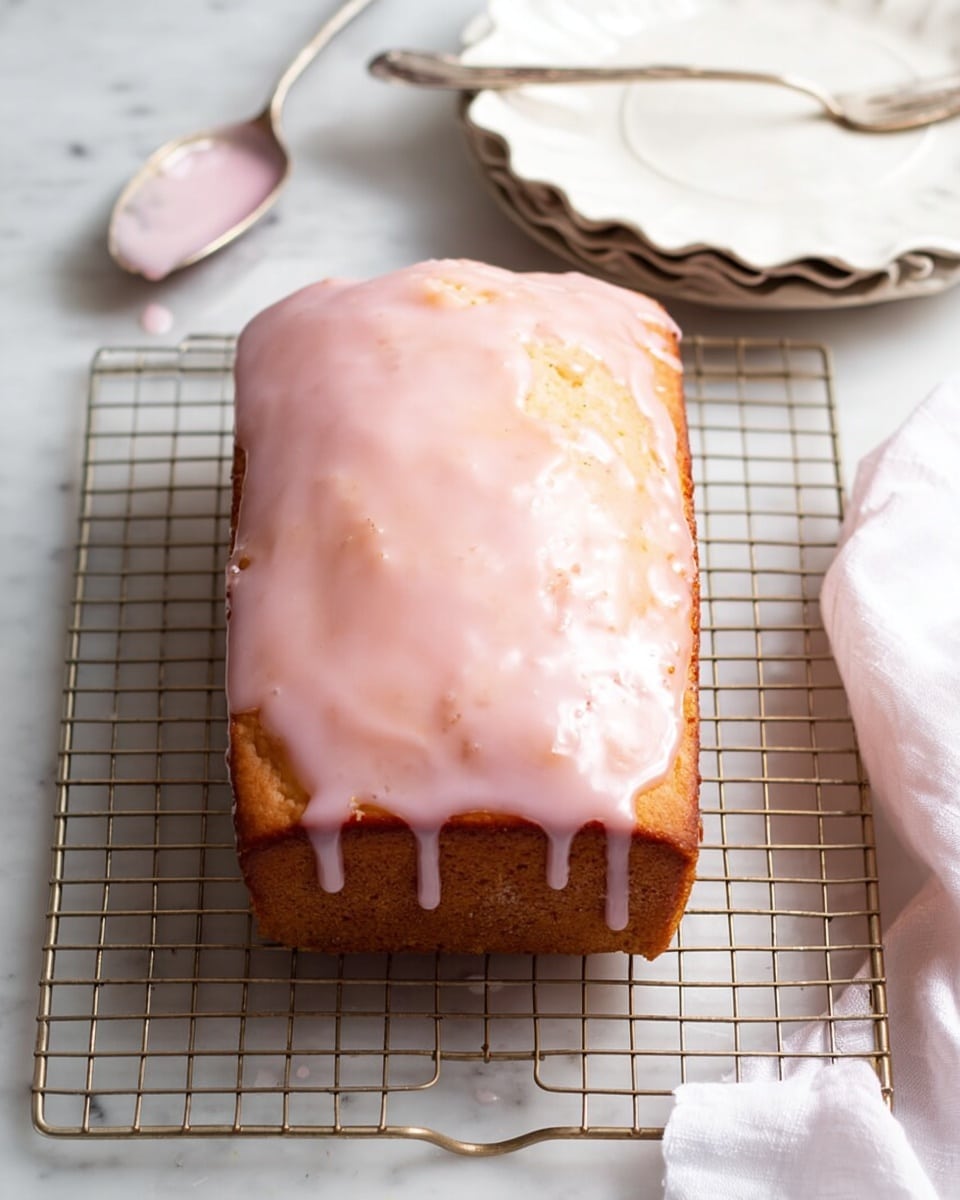 A rectangular loaf cake with a light brown crust is covered with a smooth, shiny layer of pale pink glaze that drips gently down the sides. It sits on a cooling rack over a white marbled surface. Above the cake, there is an old-fashioned silver spoon with some of the same pink glaze in it. To the right of the cake, a white plate with soft, wavy edges is partly visible, resting on a white, crumpled cloth. The photo looks bright and clean with soft daylight. photo taken with an iphone --ar 4:5 --v 7