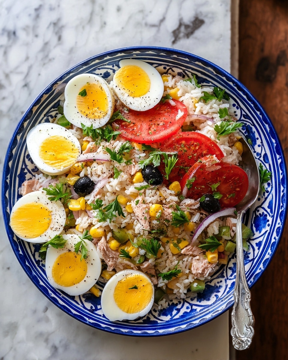 A white bowl with blue patterns holds a colorful layered dish. The bottom layer is white rice mixed with yellow corn, green bell peppers, and small pieces of red onion. On top are slices of red tomato, black olives, and shredded light brown tuna. The dish is decorated with halved boiled eggs placed evenly around the bowl, each egg showing a creamy yellow yolk with a slightly firm texture. Fresh green parsley leaves are scattered across the dish with a light sprinkle of black pepper on the eggs and across the top. A silver spoon rests inside the bowl on a white marbled surface. Photo taken with an iphone --ar 4:5 --v 7