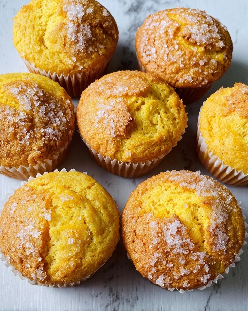 Six golden yellow muffins sit closely together on a white marbled surface. Each muffin has a rough cracked top covered with a light layer of white sugar crystals that sparkle softly. The muffins are held in white paper liners that wrap the base. The texture looks soft and slightly crumbly with some deeper yellow areas showing the moist inside. The arrangement is casual, showing the muffins from above, highlighting their round, puffy shape. photo taken with an iphone --ar 4:5 --v 7