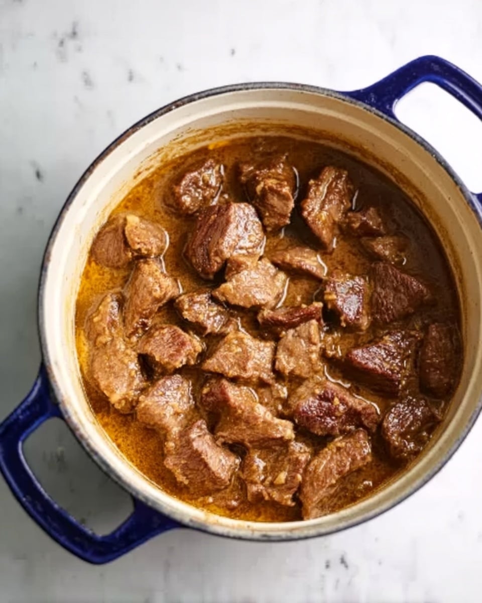 A white pot with dark blue handles filled with chunks of brown cooked meat sitting in light brown sauce, all placed on a white marbled surface photo taken with an iphone --ar 4:5 --v 7