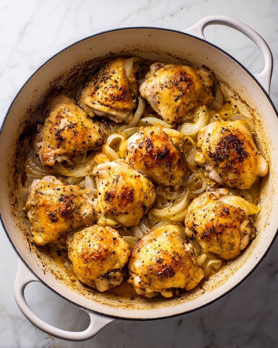 A white pot filled with twelve cooked chicken pieces arranged in close layers covering the entire base; the chicken skin is golden brown with a light pepper seasoning visible on top of each piece. Scattered thin, translucent onion slices sit between and beneath the chicken, showing a soft, cooked texture that glistens slightly with oil. The pot's surface has some browned bits and slight caramelization marks around the chicken, adding texture contrast, all placed on a white marbled surface. photo taken with an iphone --ar 4:5 --v 7