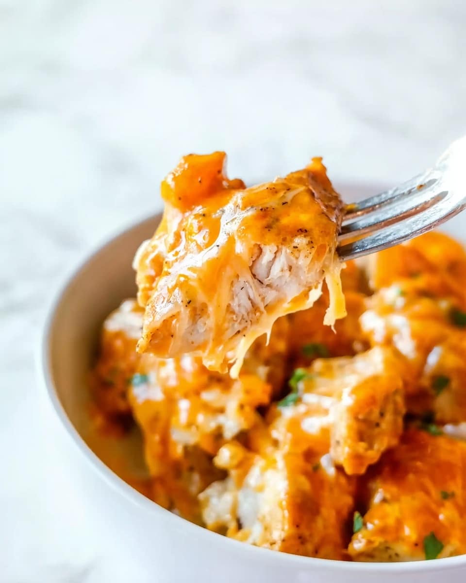 A close-up image shows a white fork holding a piece of chicken covered with creamy melted cheese and bright orange sauce. The chicken piece has a light brown grilled texture under the cheese. In the background, more pieces of chicken are covered with the same orange sauce, all placed in a white bowl. The surface and setting have a clean white marbled texture. The photo taken with an iphone --ar 4:5 --v 7