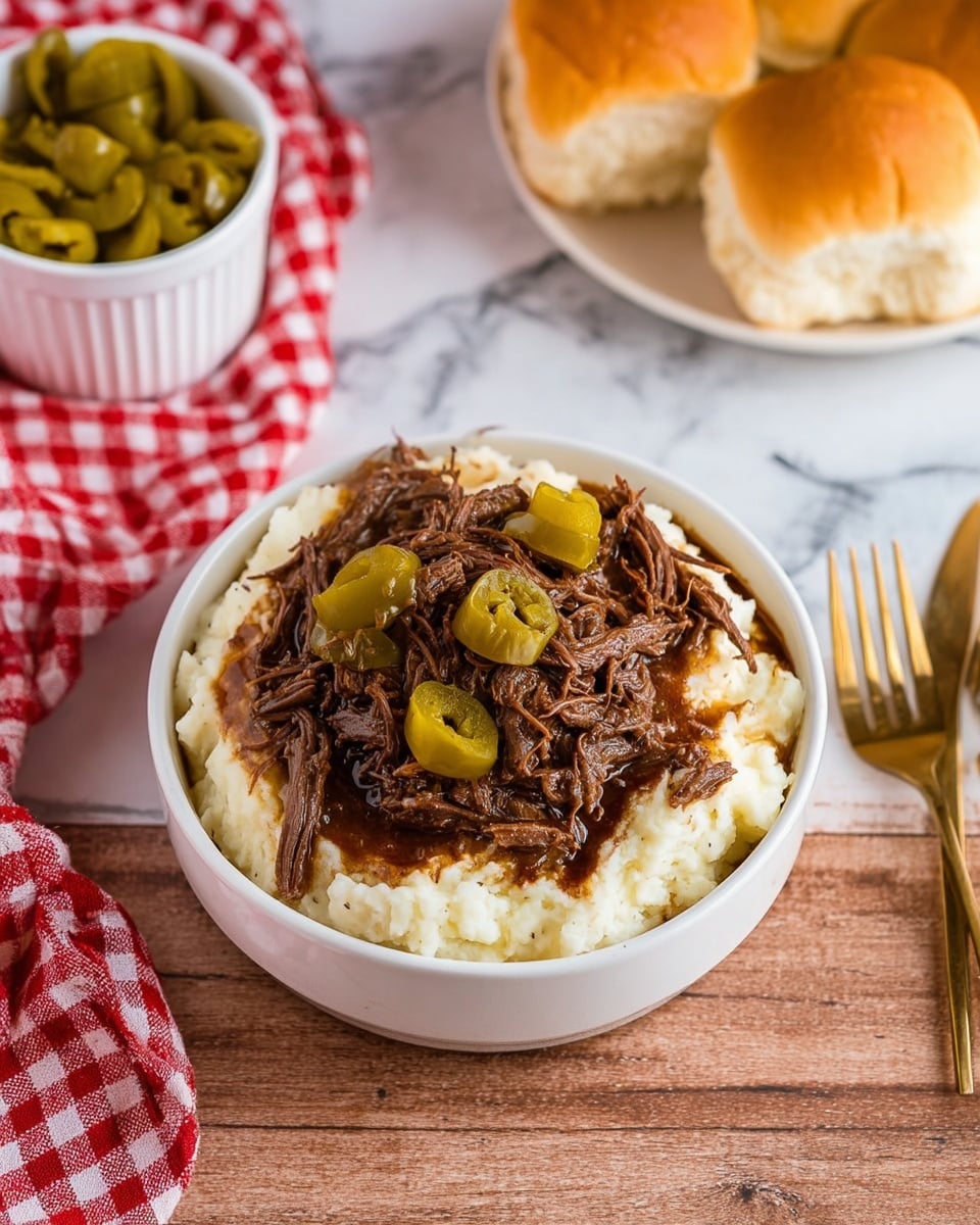 A white bowl filled with three visible layers: the bottom layer is creamy mashed potatoes in white color with a soft texture; the middle layer is a dark brown, shredded beef stew that covers the mashed potatoes; the top layer has four green, shiny pepperoncini peppers placed on the beef, adding a pop of color. The bowl is set on a wooden surface with a white marbled texture added behind it. To the left, there is a white bowl with extra pepperoncini peppers on a red and white checkered cloth, along with two gold forks. To the right, there is a white plate with several soft bread rolls. Photo taken with an iphone --ar 4:5 --v 7
