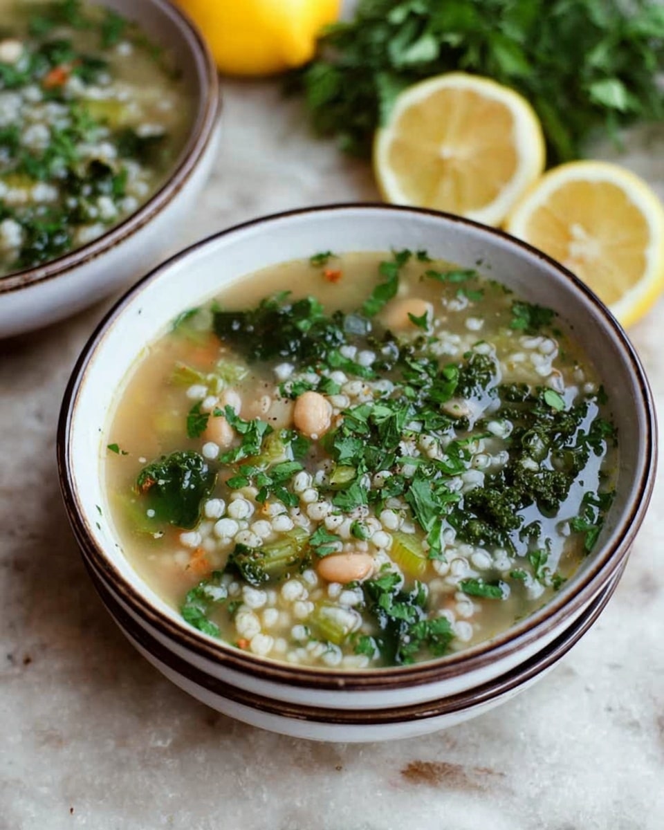 A stack of two white bowls filled with a clear soup containing small white grains, green leafy pieces, some light brown beans, and topped with chopped fresh green herbs. Each bowl has a simple dark rim. The bowls sit on a white marbled surface with two lemon halves placed nearby. The soup looks light and fresh, with distinct layers of grains, greens, and broth. Photo taken with an iphone --ar 4:5 --v 7
