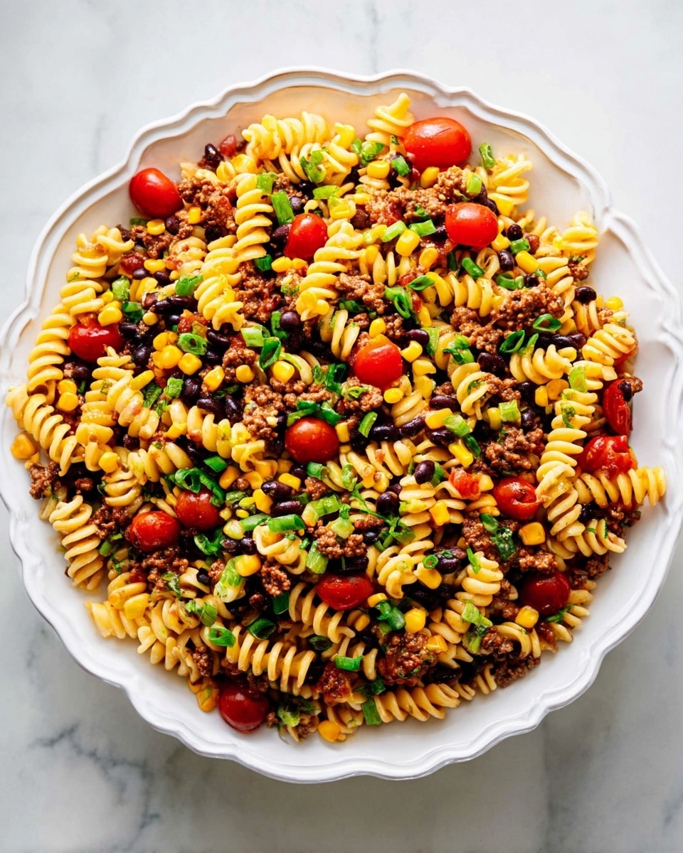 A white scalloped plate filled with a colorful pasta salad made of spiral rotini pasta in a light yellow color mixed with small bright red cherry tomatoes, dark black beans, orange-yellow corn kernels, chopped light green scallions, and small pieces of cooked brown ground meat. The ingredients are evenly mixed, showing a vibrant blend of colors and varied textures across the dish. The plate is set on a white marbled surface. photo taken with an iphone --ar 4:5 --v 7