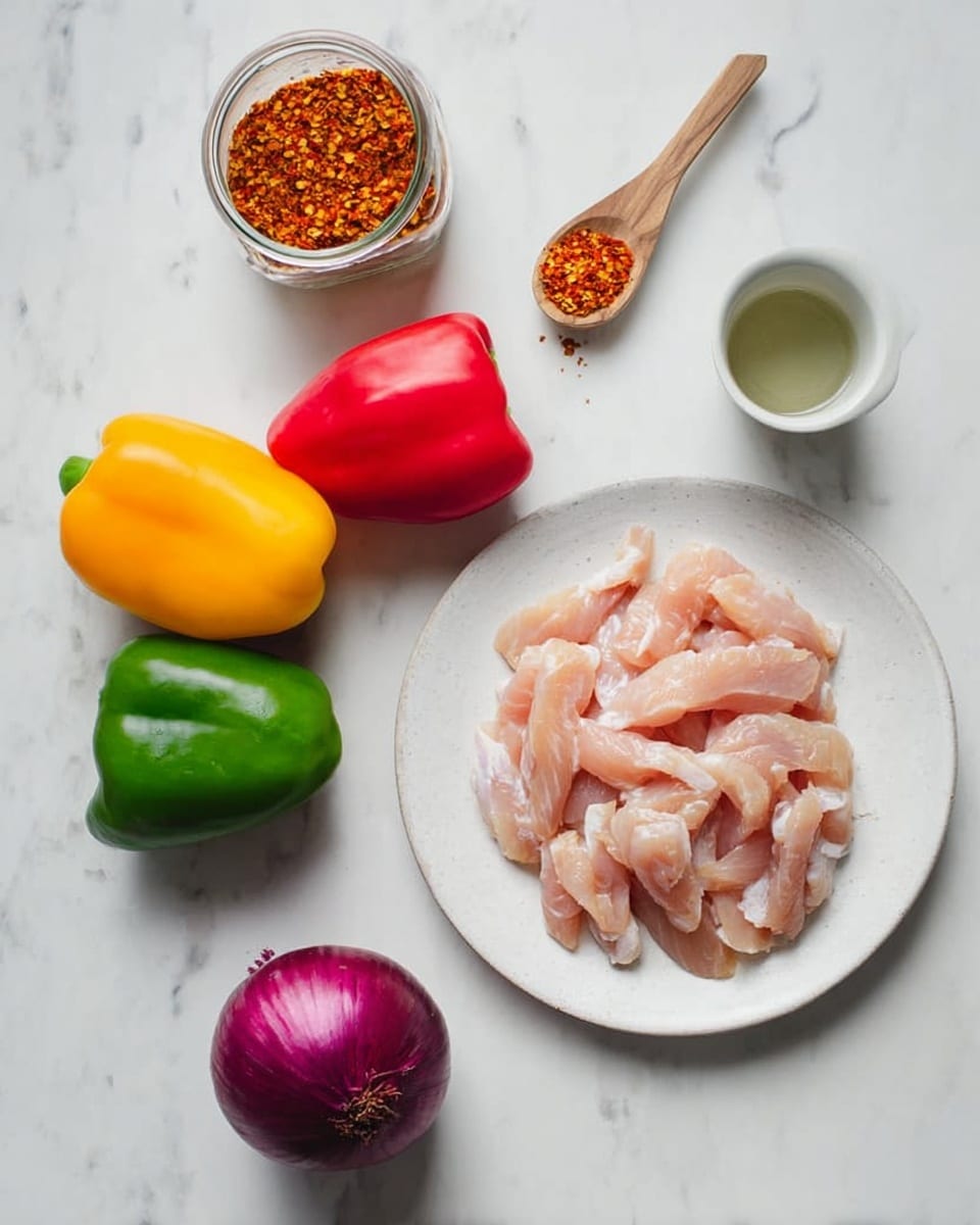 The image shows a white round plate filled with pale, thin raw chicken strips placed at the center right on a white marbled surface. Around the plate, there are three whole bell peppers in bright red, yellow, and green colors arranged from top left down to bottom left. Near the bottom center is a whole red onion with purple skin. At the top left, there is a clear jar filled with orange-red chili flakes and a small wooden spoon inside. To the right of the jar is a small white cup with a clear liquid inside. photo taken with an iphone --ar 4:5 --v 7