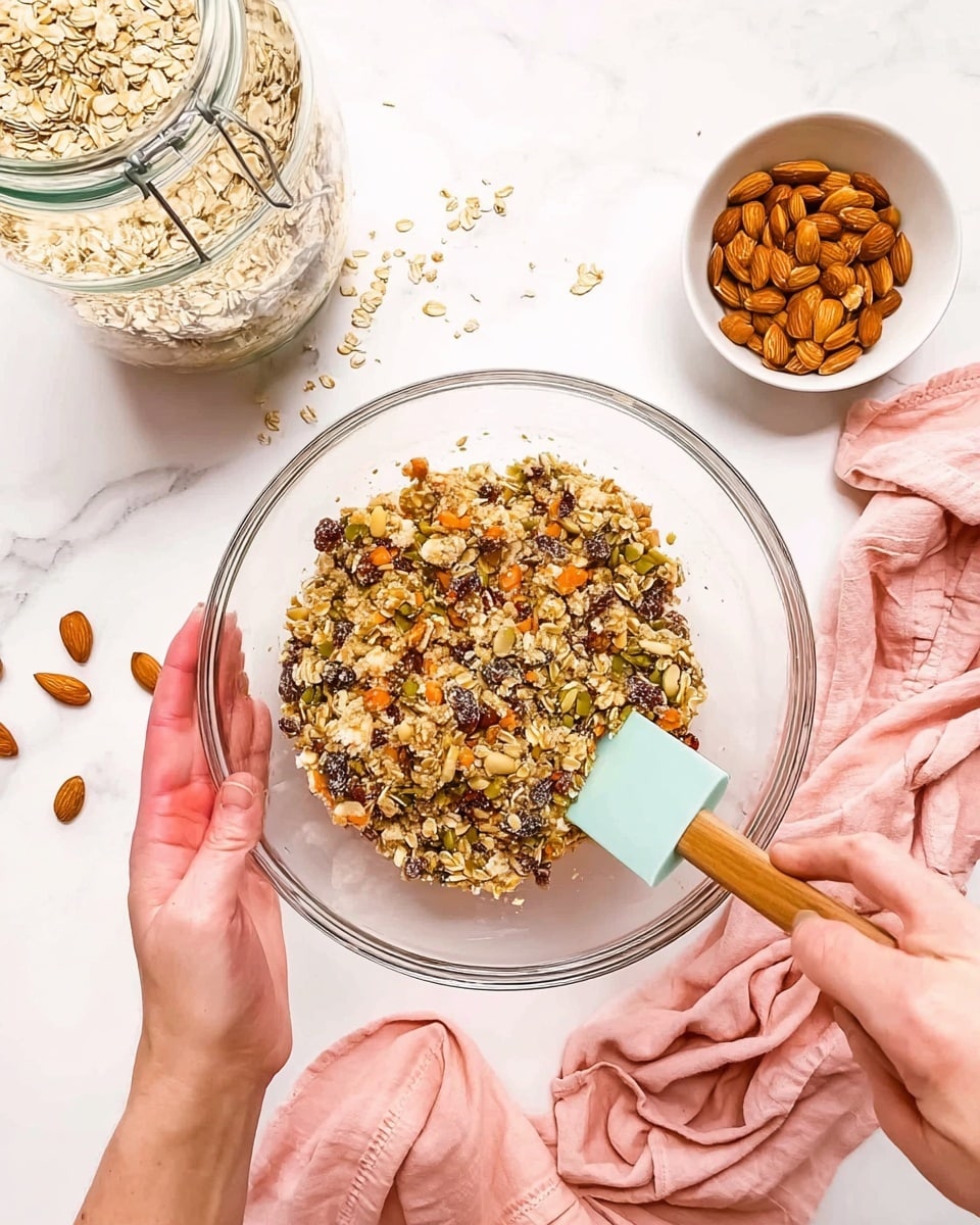 The image shows a clear glass bowl in the center filled with a mixture of oats, nuts, seeds, and dried fruits, creating a textured and colorful blend of tan, brown, orange, and green tones. A woman's left hand holds the bowl steady while her right hand uses a light blue spatula to stir the mixture. To the left, there is a large glass jar filled with oats and a small white bowl full of whole almonds with a few almonds scattered around. On the right side, there is a soft pink cloth with gentle folds placed on a white marbled surface background. The whole scene is bright and clean. photo taken with an iphone --ar 4:5 --v 7
