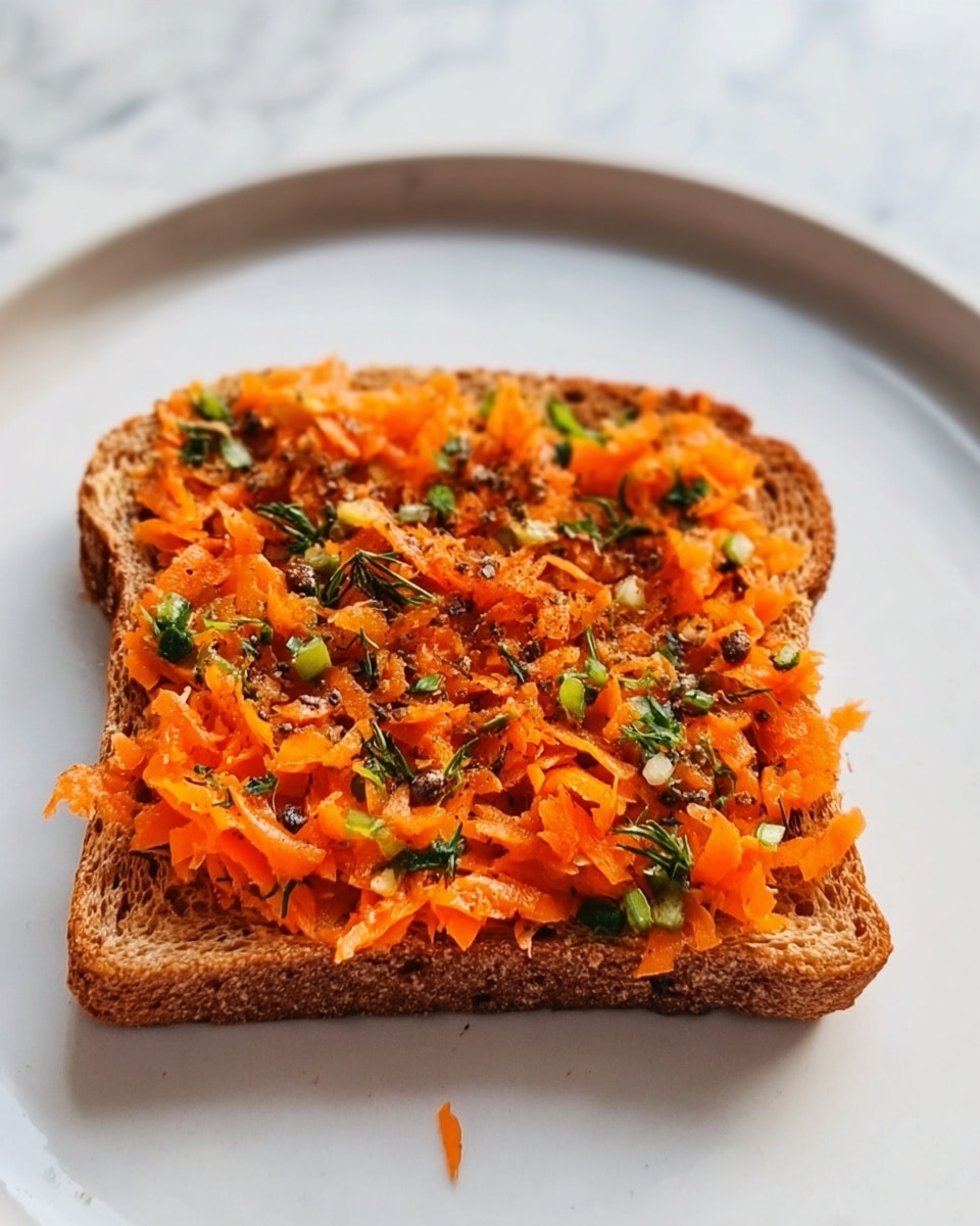 There are four rectangular slices of toast stacked on a wooden board, each topped with a mix of shredded orange and green vegetables that look slightly cooked or sautéed. The topping has a rough texture with some small seeds or spices visible on top. In the background, there is a white plate with one similar slice of toast and a silver fork next to it. Nearby, there's a glass of light brown drink and a knife on a surface that looks like a white marble texture. A woman's hand is reaching towards the toast on the board. photo taken with an iphone --ar 4:5 --v 7