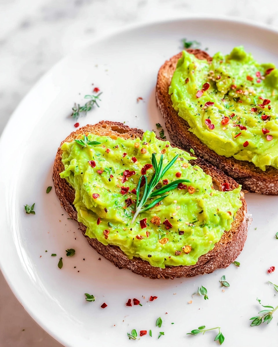 Two slices of toasted brown bread are placed on a white plate on a white marbled surface. Each slice is generously topped with a thick layer of bright green avocado spread, which has a slightly chunky texture. The avocado is sprinkled with small red chili flakes and finely chopped green herbs. A thin rosemary or thyme sprig lies across the avocado on the larger slice. Small bits of herbs are scattered around the plate for decoration. Photo taken with an iphone --ar 4:5 --v 7