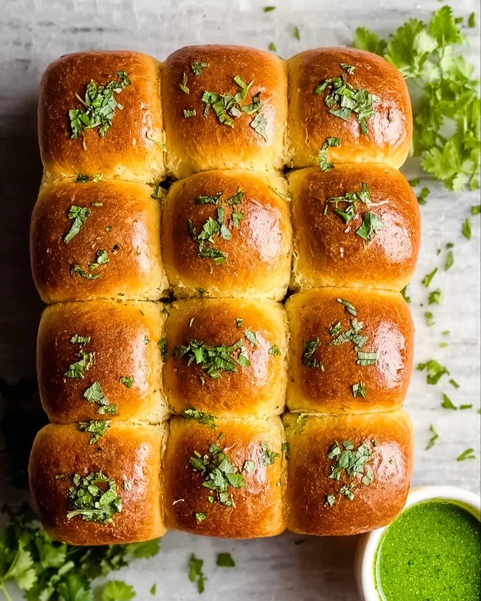 A group of twelve soft, golden brown dinner rolls arranged in a 3x4 grid with fresh chopped green herbs sprinkled on top. The rolls have a smooth, shiny surface with slight cracks and are closely placed together. The background is a white marbled surface with some green leafy herbs scattered around the edges. A small white bowl filled with green sauce is partially visible in the bottom right corner. Photo taken with an iphone --ar 4:5 --v 7