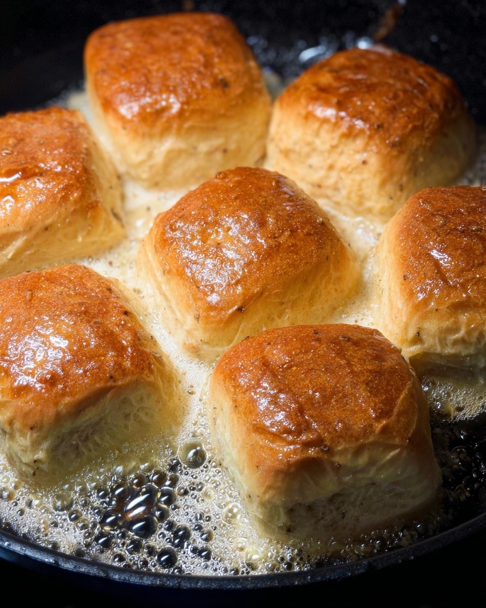 The image shows six brown bread buns with a shiny, slightly wrinkled top layer in a black pan. Each bun is surrounded by bubbling, melted butter that covers the bottom part of the buns, making the edges look creamy and soft. The buns have a smooth, golden brown crust on top, and their sides show a texture of soft bread with some darker specks mixed inside. The buns are placed close to each other, filling the pan with no visible gaps. The pan's surface and background are not seen beyond the black pan. photo taken with an iphone --ar 4:5 --v 7