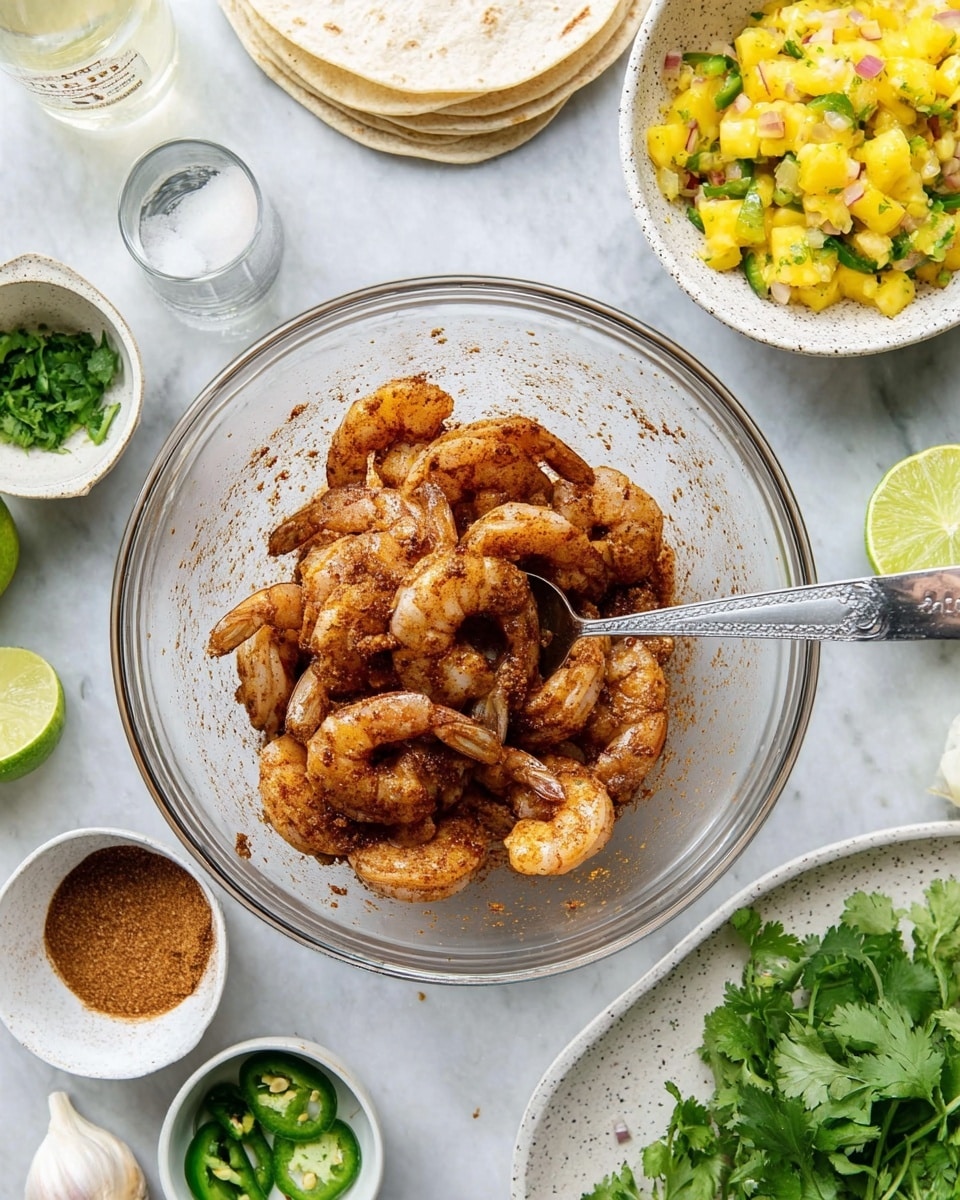A clear glass bowl is full of raw shrimp coated in a reddish brown spice mix, with a metal spoon resting inside. Around the bowl on a white marbled surface, there is a small white bowl with a brown spice, another white bowl with green lime zest, one halved lime, two garlic cloves, a bottle with light liquid and a small metal cup, a white plate stacked with small round tortillas, a speckled white plate holding sliced green jalapeños and fresh cilantro leaves, and a white bowl filled with bright yellow pineapple salsa mixed with finely chopped red onion and green herbs. Photo taken with an iphone --ar 4:5 --v 7