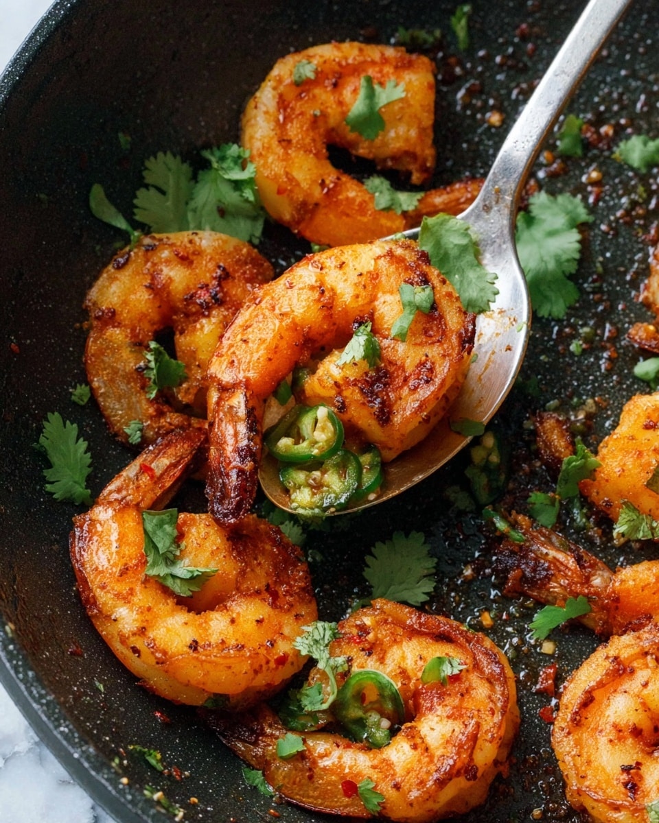 The image shows several cooked shrimp with a crispy orange-brown texture, resting in a dark pan. Each shrimp is garnished with small green cilantro leaves and tiny slices of green chili, adding fresh color contrast. One shrimp is lifted slightly by a silver spoon, revealing its curved shape and juicy interior. The pan surface has small bits of seasoning scattered around, enhancing the rustic look. The background is a white marbled texture photo taken with an iphone --ar 4:5 --v 7