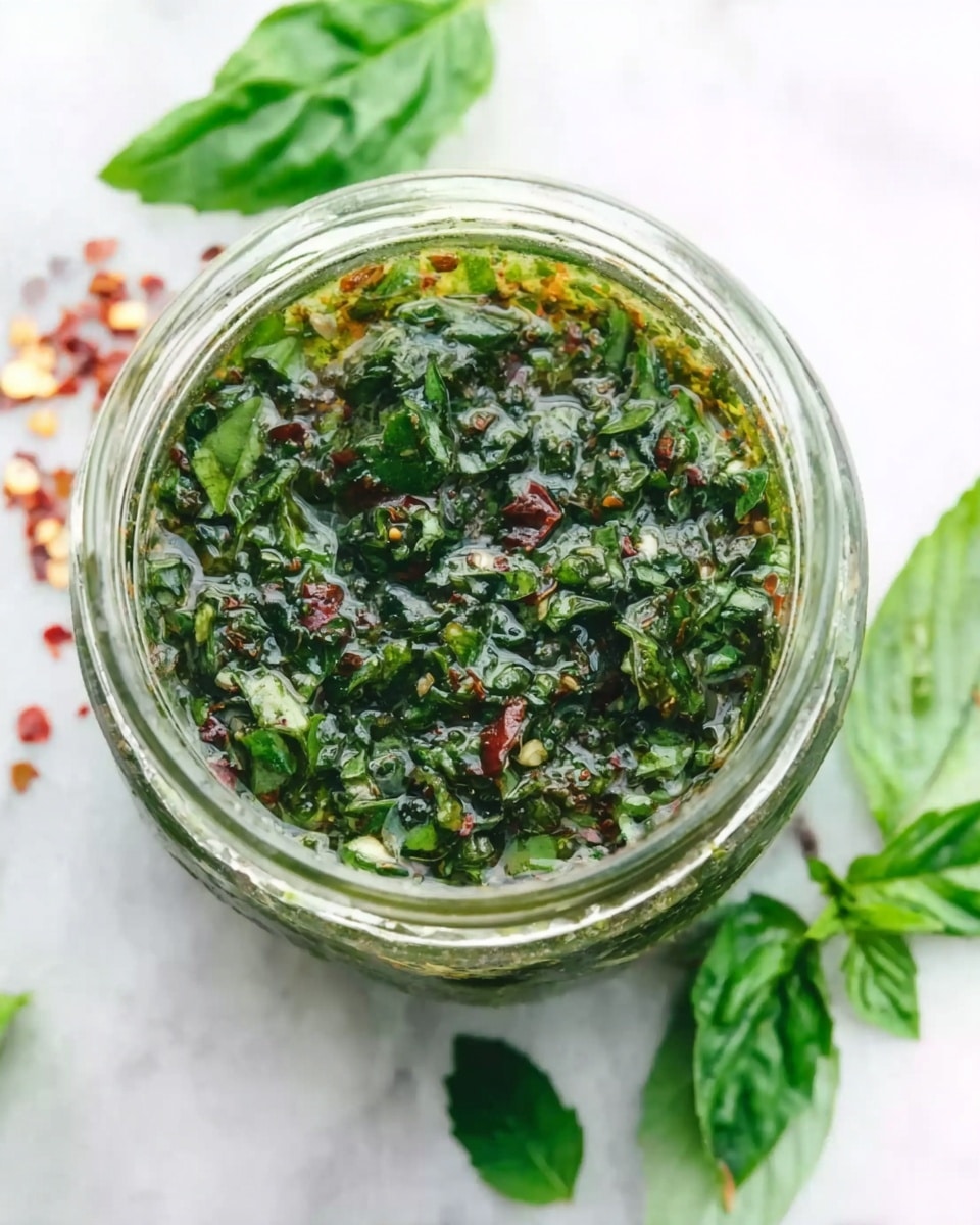 The image shows a close-up view of a glass jar filled with a green herb sauce or topping that has finely chopped green leaves mixed with small red flakes and other tiny herbs, creating a textured, colorful mix. The jar is placed on a white marbled surface with a few fresh, whole green basil leaves scattered around it, along with a sprinkle of red flakes near the jar. The scene is bright and clean, with the jar centered and viewed from above, highlighting the fresh, vibrant colors of the sauce. photo taken with an iphone --ar 4:5 --v 7