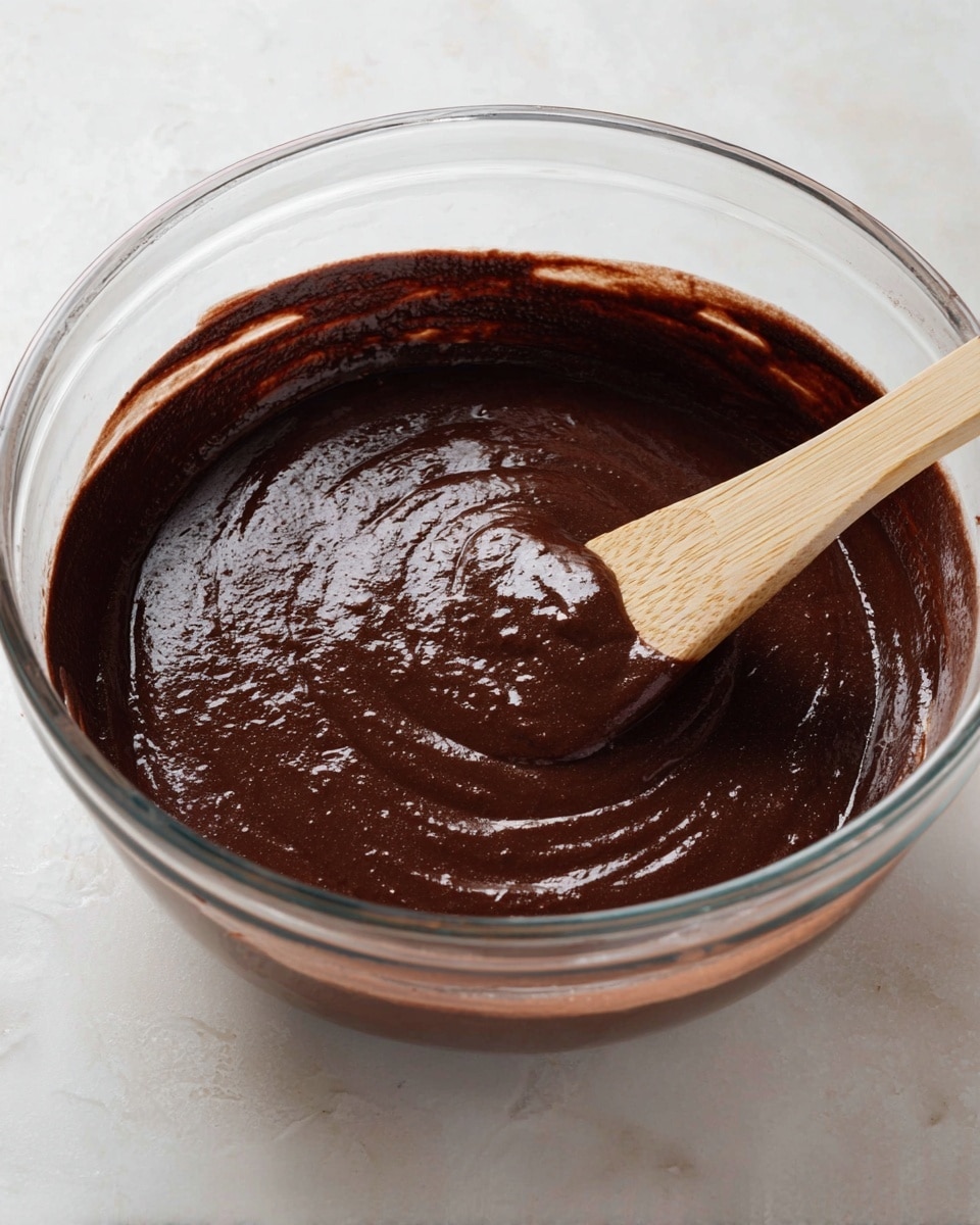 A clear glass bowl filled with thick, dark brown chocolate batter with a smooth, glossy texture. A bamboo spoon is partially dipped into the batter, resting inside the bowl, showing the rich, creamy mixture. The bowl is sitting on a white marbled surface that contrasts lightly with the dark batter, highlighting the shiny, slightly textured chocolate mix inside. Photo taken with an iphone --ar 4:5 --v 7