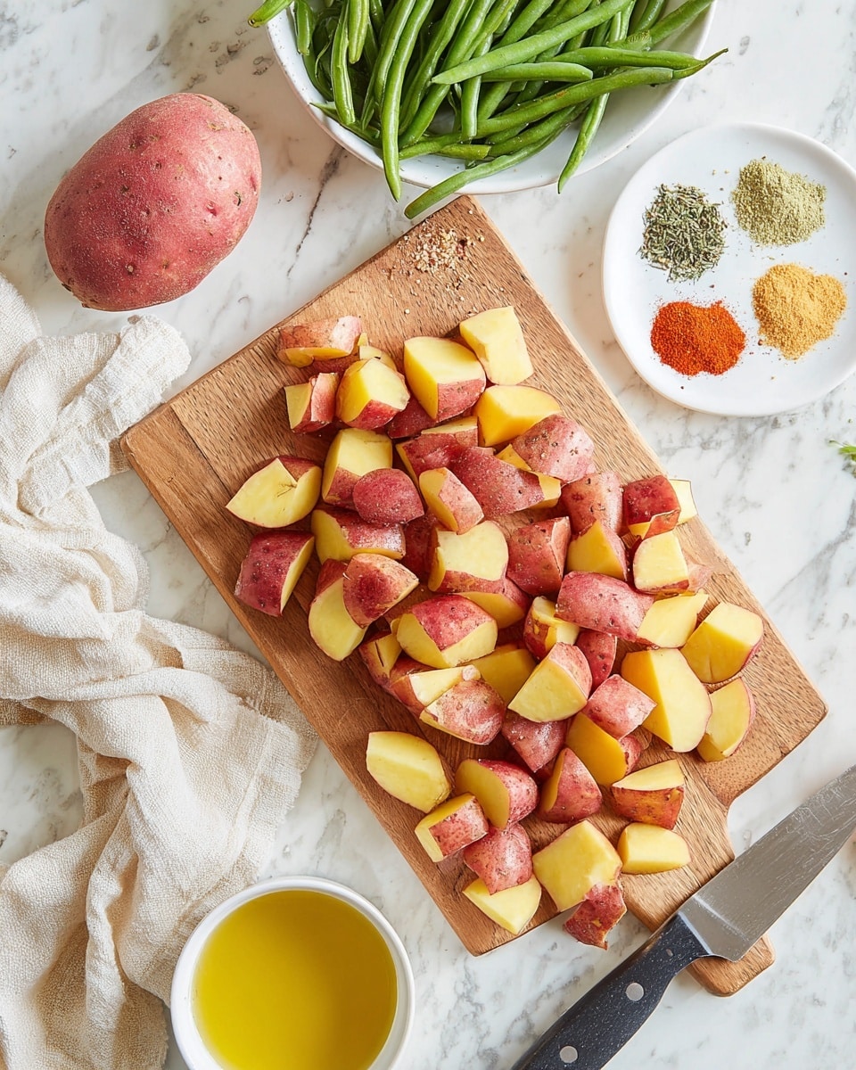 The image shows a wooden cutting board in the center with many pieces of red-skinned potatoes with yellow insides spread on it and some pieces spilled to the right side on a white marbled surface. To the left of the board, there is one whole red potato and above it, a white bowl filled with fresh green beans. On the top right, a small white plate holds four different spices: a red powder, a black ground pepper, a light yellow powder, and dried green herbs. Next to the plate is a small white cup filled with yellow oil. A knife with a black handle lies on the white marbled surface near the bottom right corner of the cutting board, and a beige cloth with white edges is partly visible on the bottom left. Photo taken with an iphone --ar 4:5 --v 7