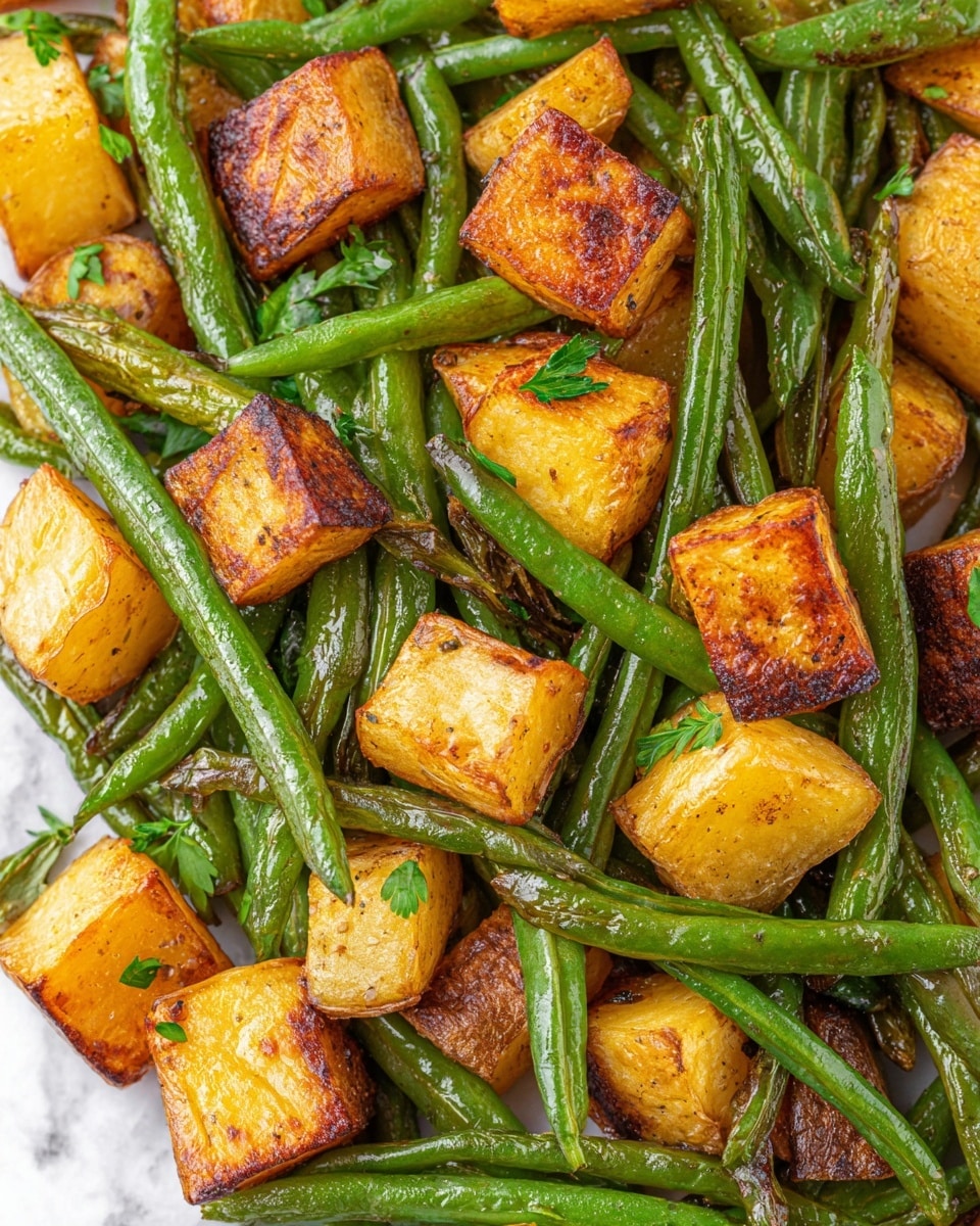 The image shows a close-up of roasted green beans and golden brown potato cubes mixed together. The green beans are bright green, shiny with oil, and have a slightly wrinkled texture from roasting. The potato cubes are crispy with a rich golden color and some darker roasted edges, with the potato skin visible on a few pieces. Small green parsley pieces are scattered over the vegetables for a fresh touch. The food rests on a white marbled surface. photo taken with an iphone --ar 4:5 --v 7
