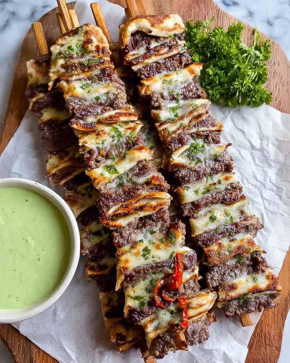 The image shows several layered square-shaped food pieces stacked closely together on a white marbled surface. Each piece has about 10 layers, with thin white layers alternating with thicker dark brown layers that have bits of red and green herbs and vegetables visible. The texture of the dark layers looks soft and a bit moist, while the white layers are thin and slightly crisp. One piece is held up by a woman's hand, showing the layers clearly from the side. To the left, there is a white bowl with a creamy green sauce inside. The whole scene is bright with natural light. photo taken with an iphone --ar 4:5 --v 7